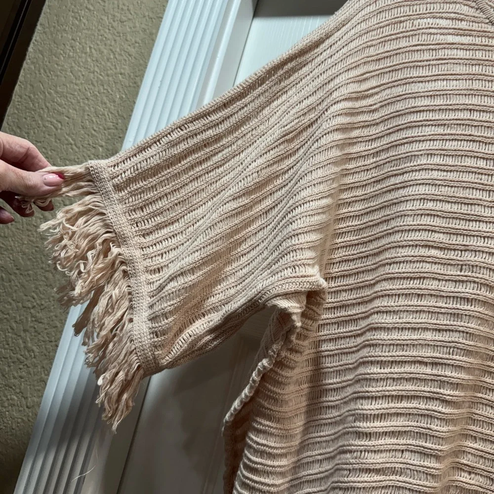 Anthropologie Pink Crew Neck Sweater with Boho Fringe - Picture 4 of 8